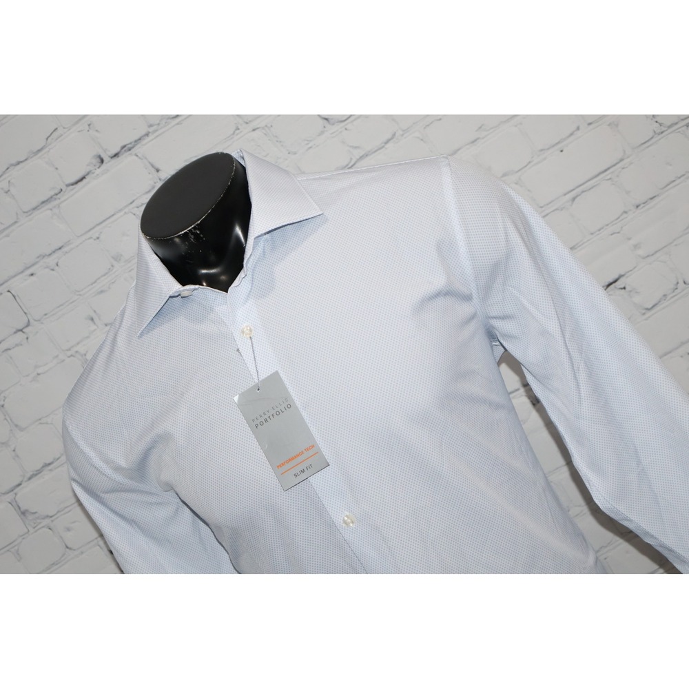 Perry Ellis Portfolio Dress Shirt Mens Large Blue Slim Fit Performance Tech NEW